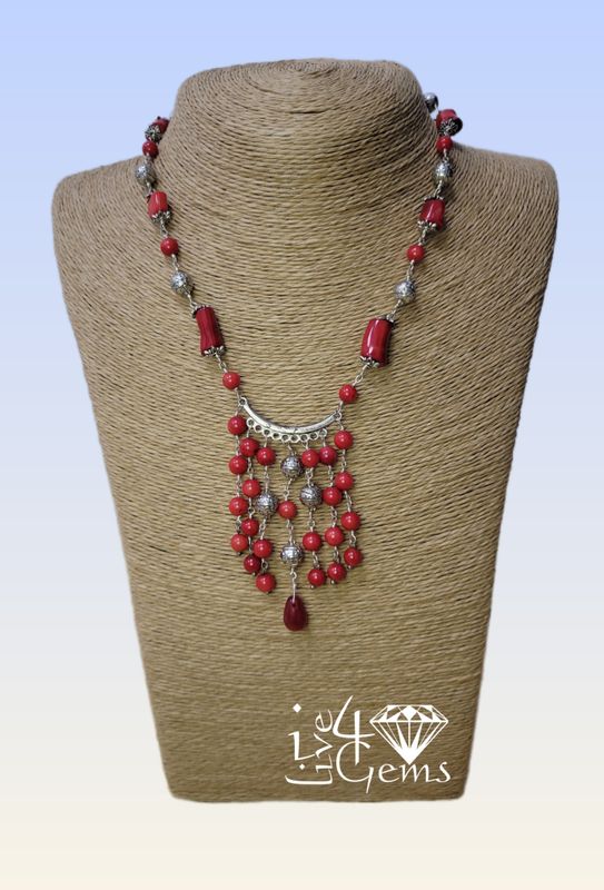 Red  Coral Necklace w Silver Beads
