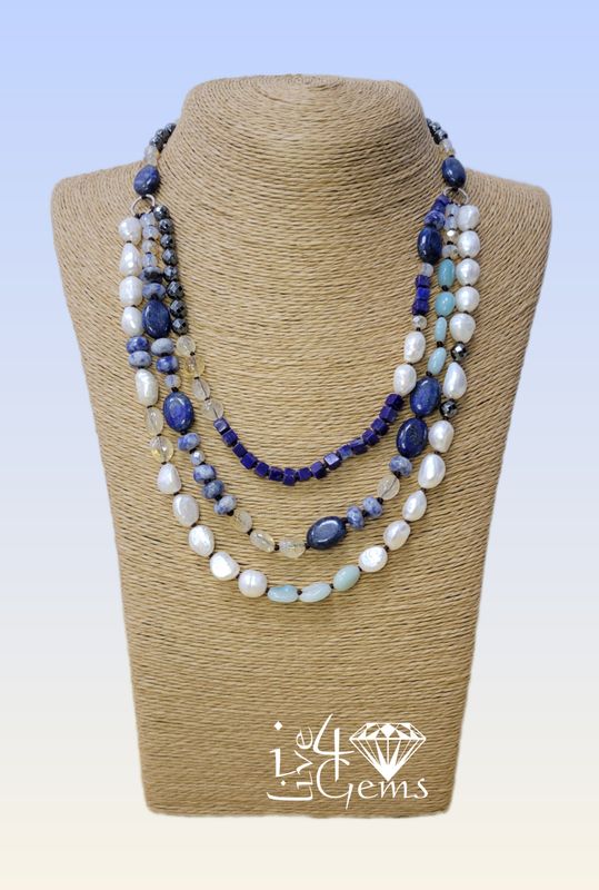 Triple Strand Lapis Lazuli, Citrine w Pearl Necklace