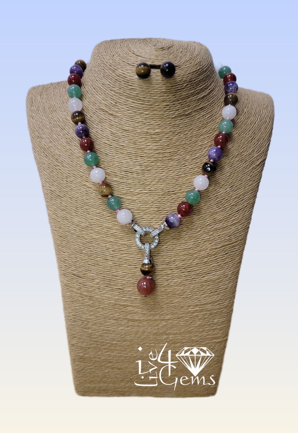 Detachable Pendant Necklace and Stud Amethyst, Aventurine ,Tiger&#39;s Eye ,Rose Quartz, Red Agate