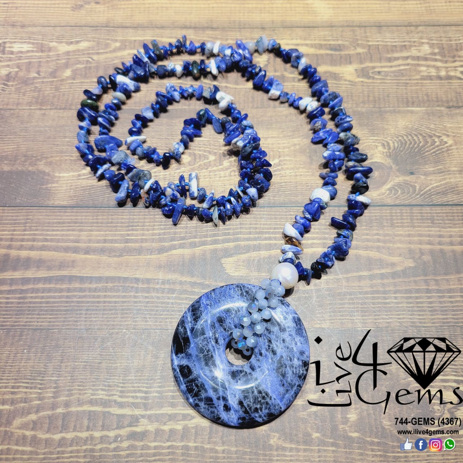 Pearl 32&quot;Length 2&quot; diameter Crystal/Hand Knotted Sodalite