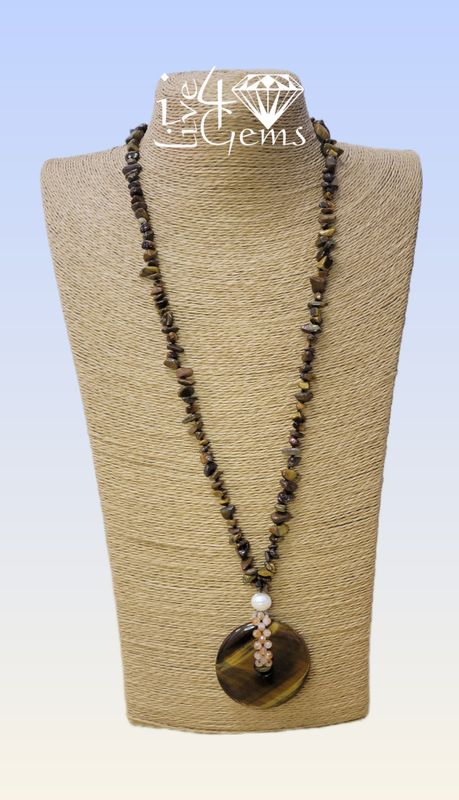 Tiger&#39;s Eye and Pearl Crystal Hand Knotted Necklace 32&quot;L 2&quot;D