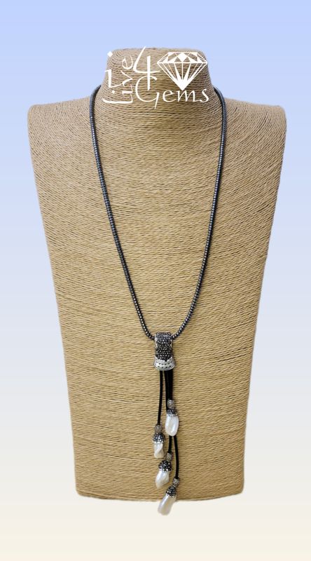 Hematite and Pearl Black Leather Hand Beaded Necklace 2X3mm 26&quot; L
