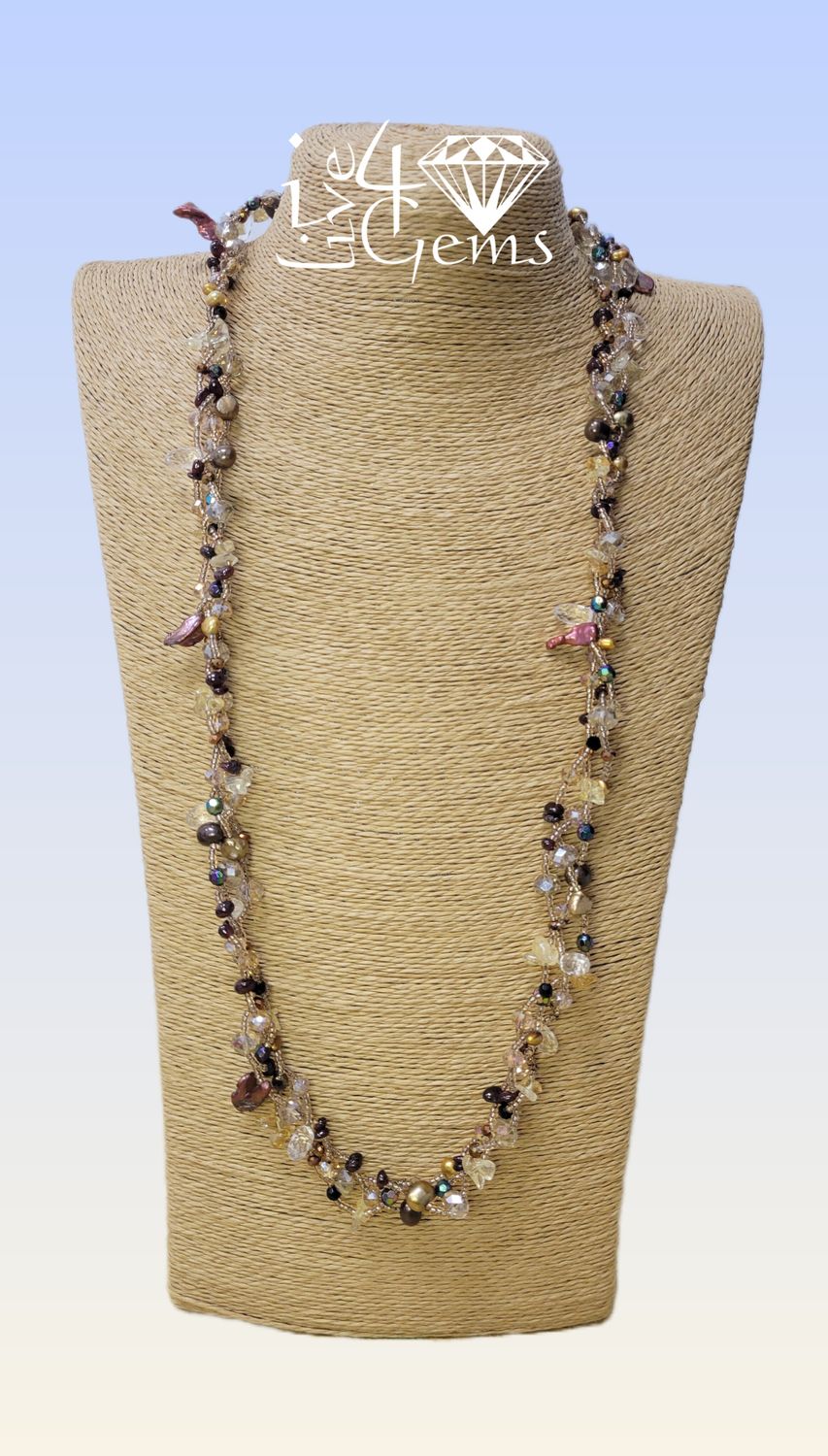 Pearl, Citrine, and Crystal 30&quot;L Cluster Necklace