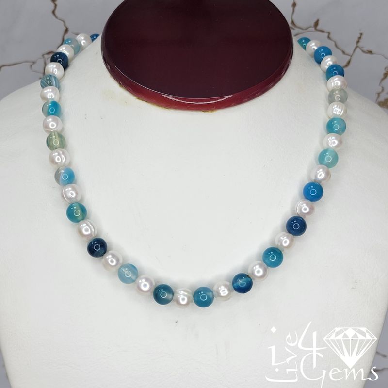 Blue Agate and Pearl Necklace w Magnetic Clasp