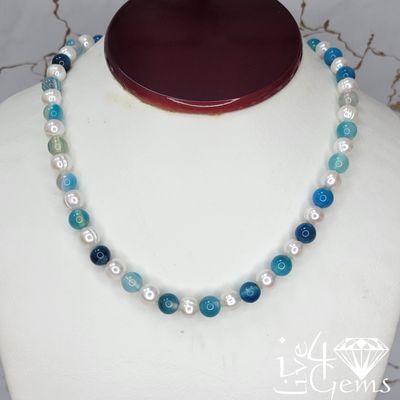 Blue Agate and Pearl Necklace w Magnetic Clasp