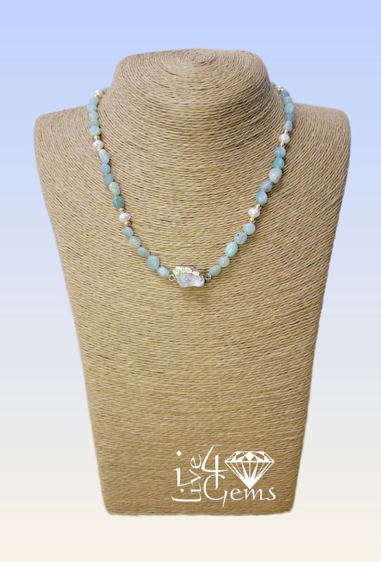 Amazonite and Freshwater Pearl Choker w Pendant