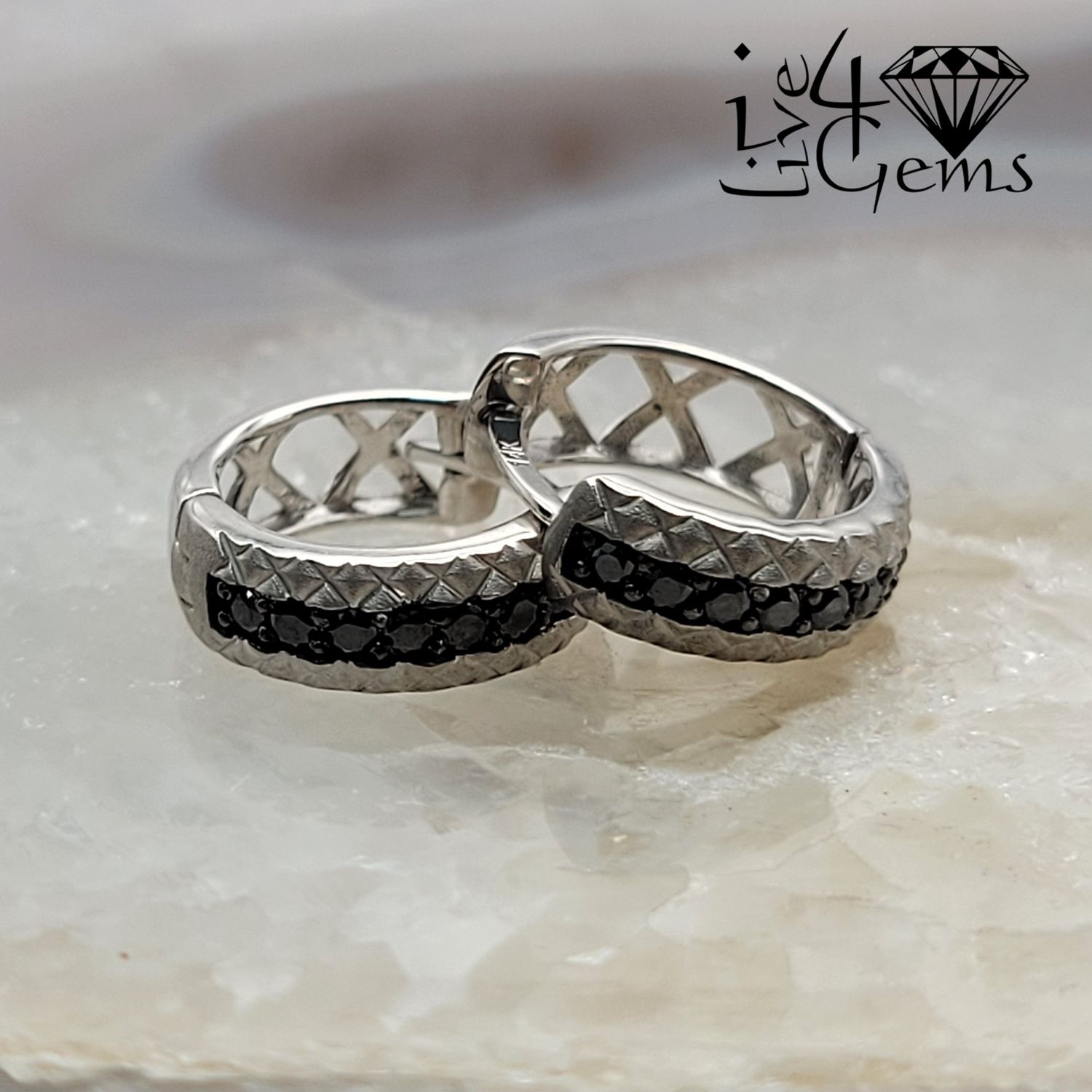 14kt Post Silver 1/4ctw Black Dia Pattern Hoop