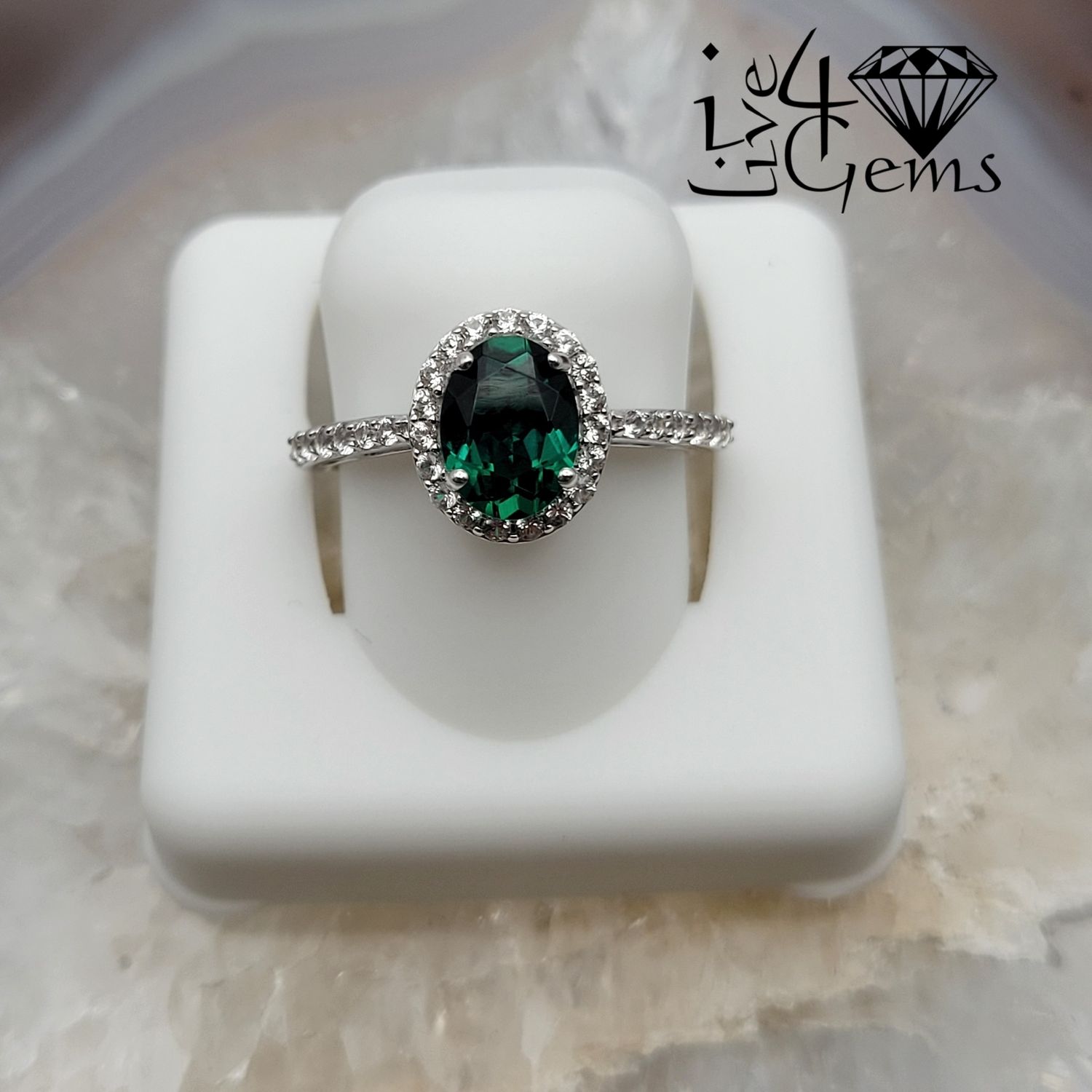 Silver Oval Emerald White Sapphire Halo Ring