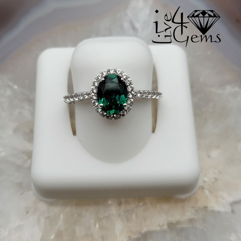 Silver Oval Emerald White Sapphire Halo Ring