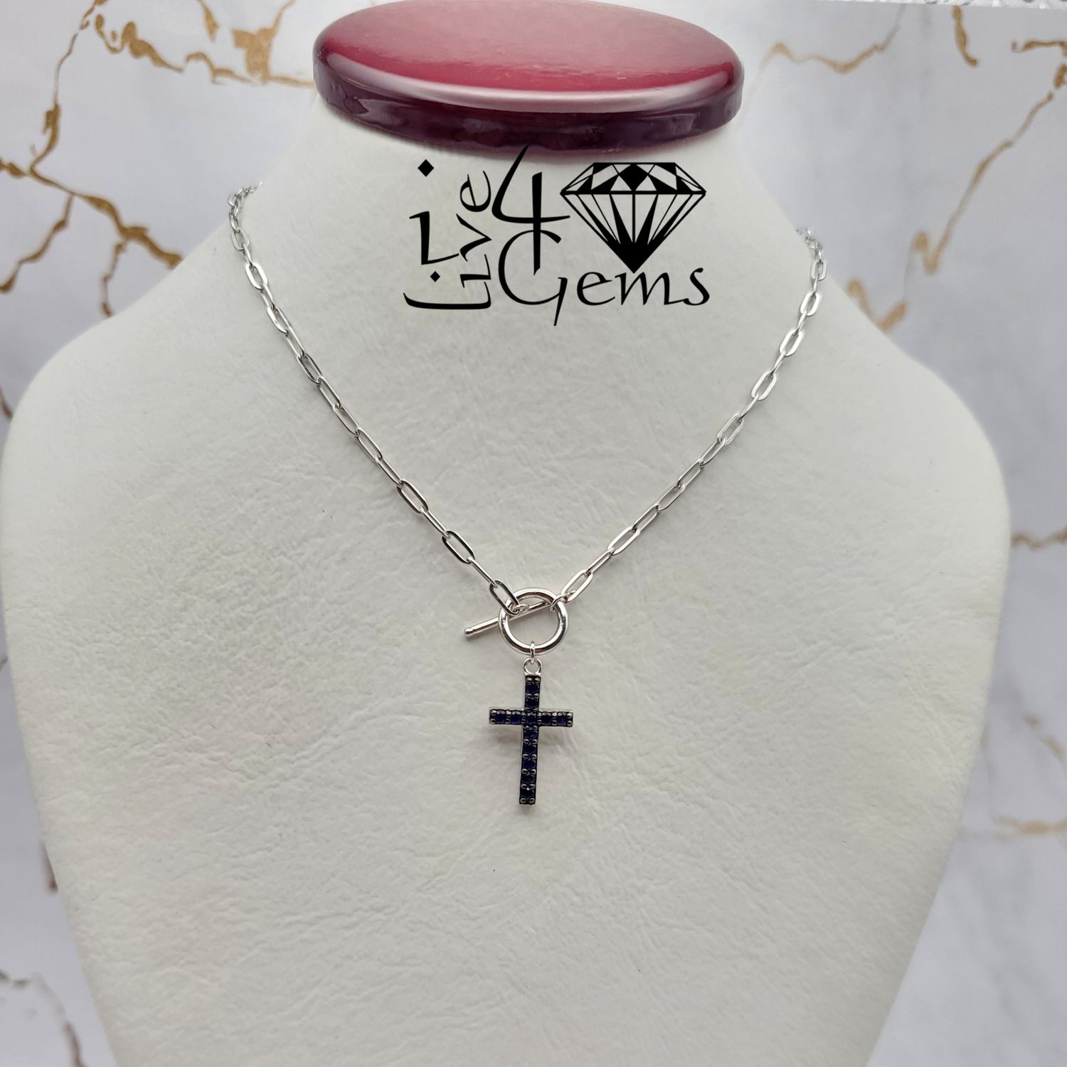 Silver Lab Blue Sapphire Cross Pendant and Paperclip Chain
