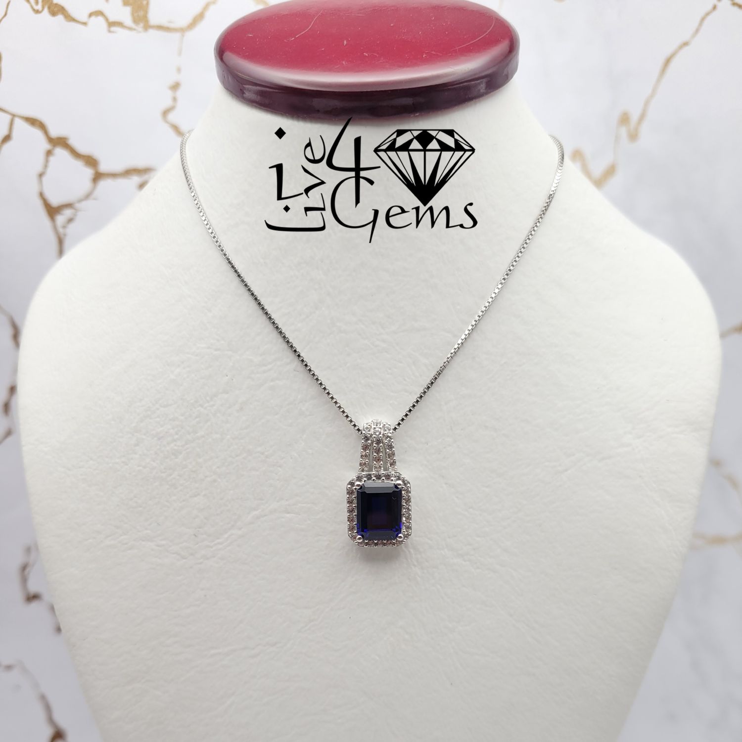 Silver Lab Blue Sapphire and White Sapphire Emerald Cut Necklace and Earring Set