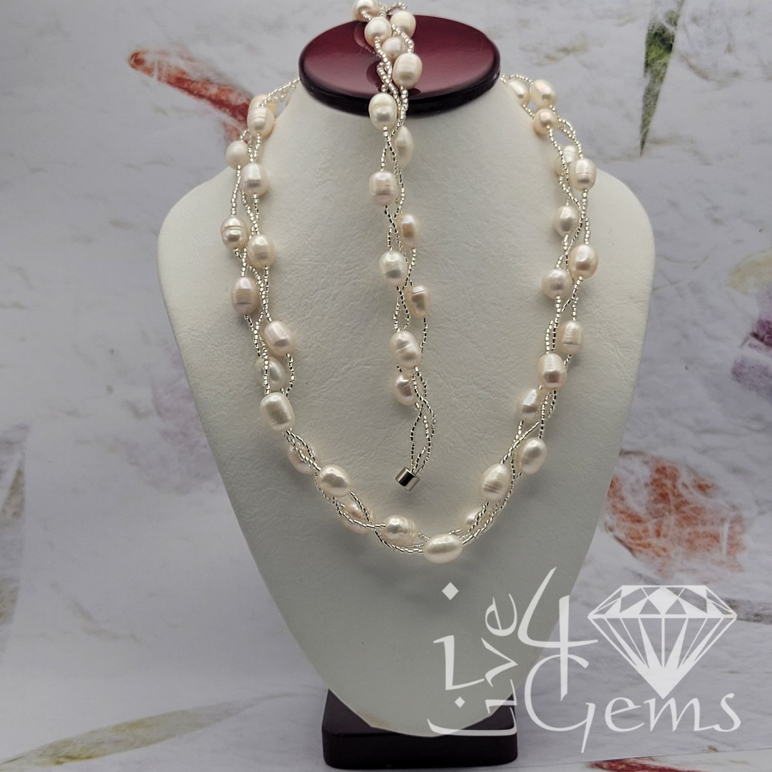 Triple Strand Pearl Magnetic Necklace and Bracelet  Set White