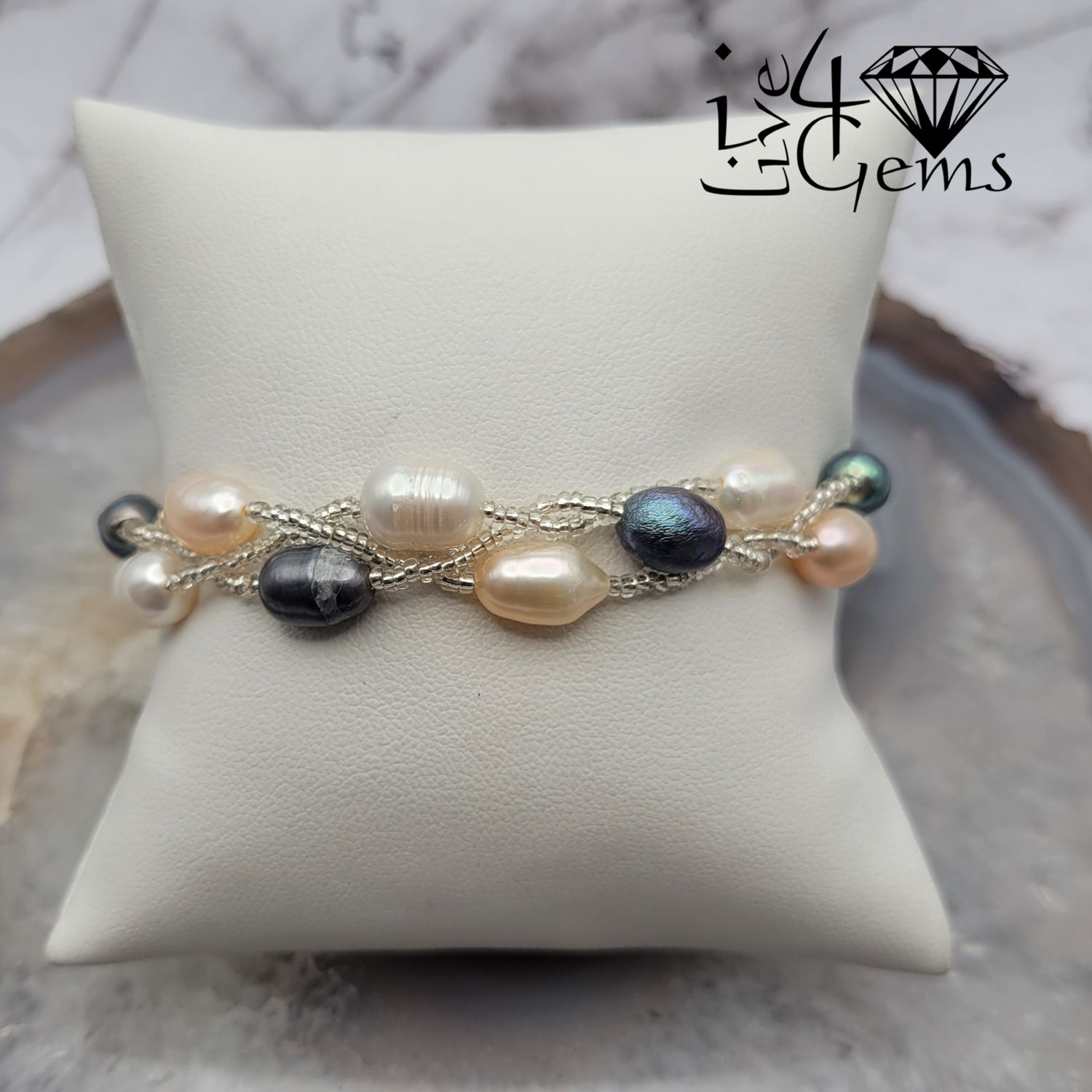 Triple Strand Pearl Magnetic Bracelet Peach, Peacock and White