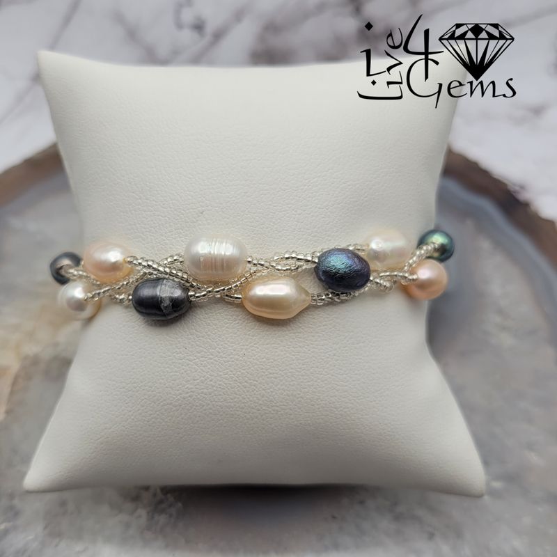 Triple Strand Pearl Magnetic Bracelet Peach, Peacock and White