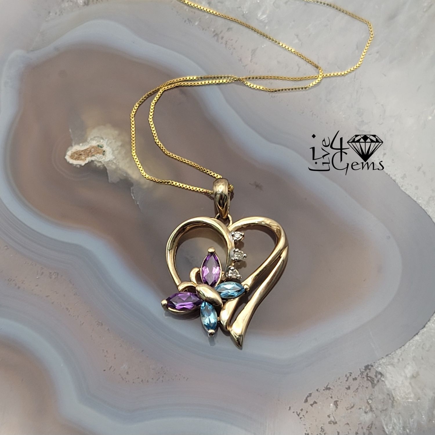 10kty Dia/BlueTopaz/Amethyst Heart Pendant/Chain