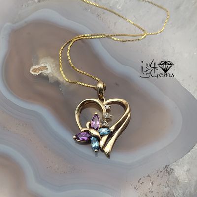 10kty Diamond Blue Topaz Amethyst Heart Pendant and Chain