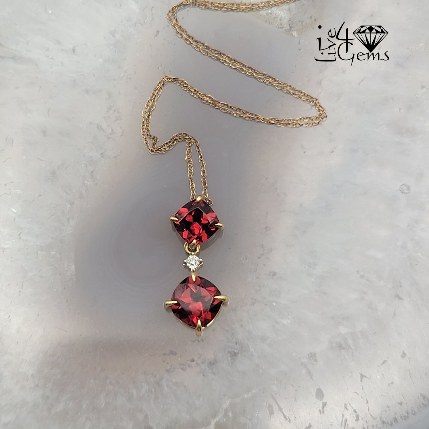 10kty Cushion Cut Double Pendant and Chain Garnet