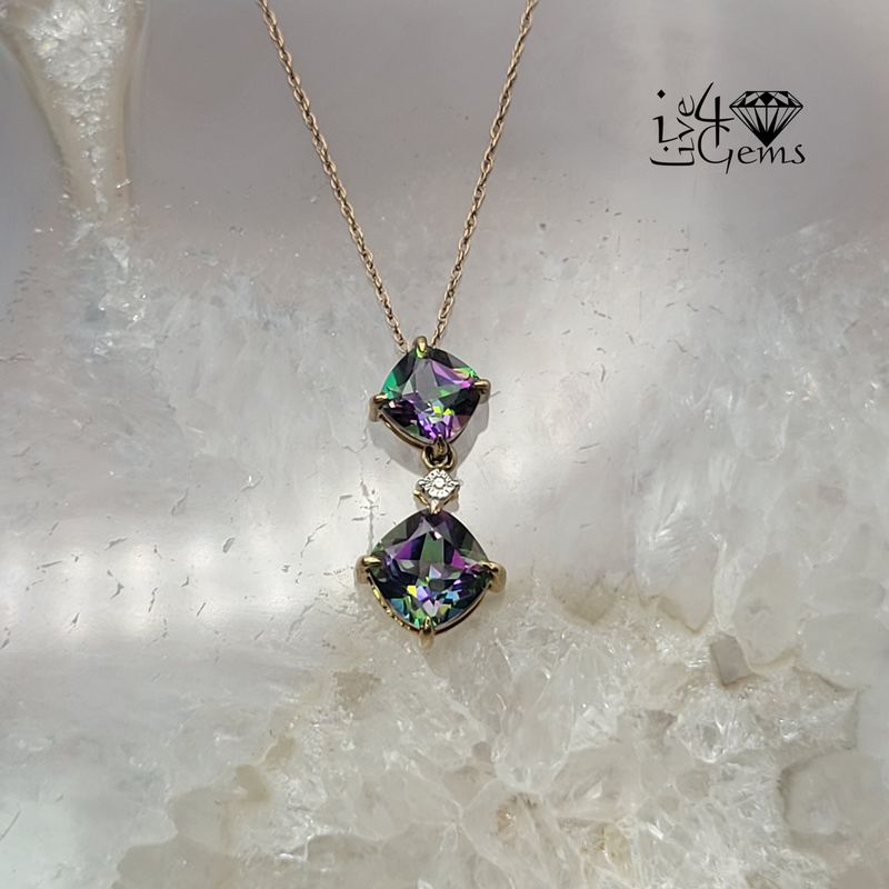 10kty Cushion Cut Double Pendant and Chain Mystic Topaz