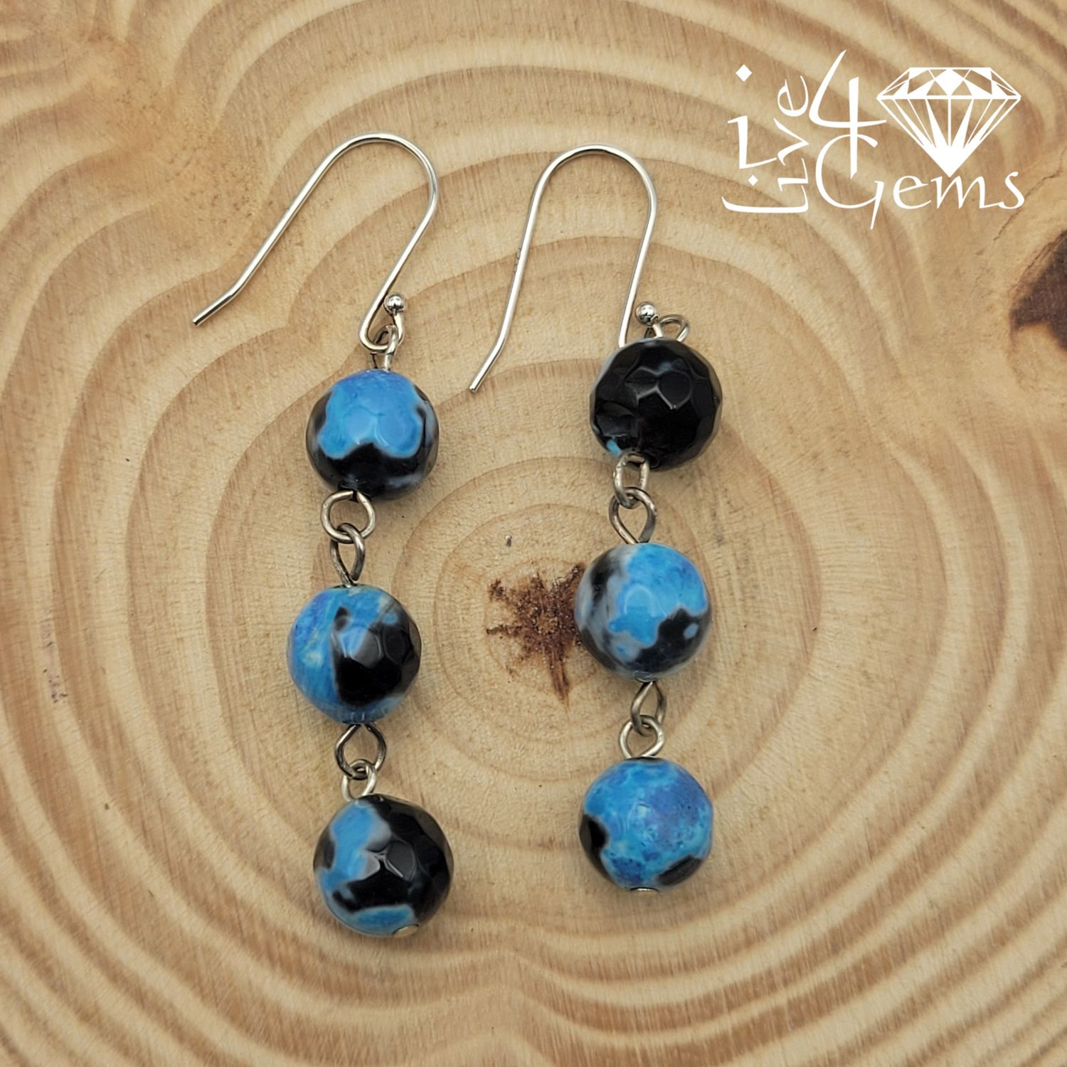 Faceted Black and Blue Agate Drop Down Gemstone Earrings