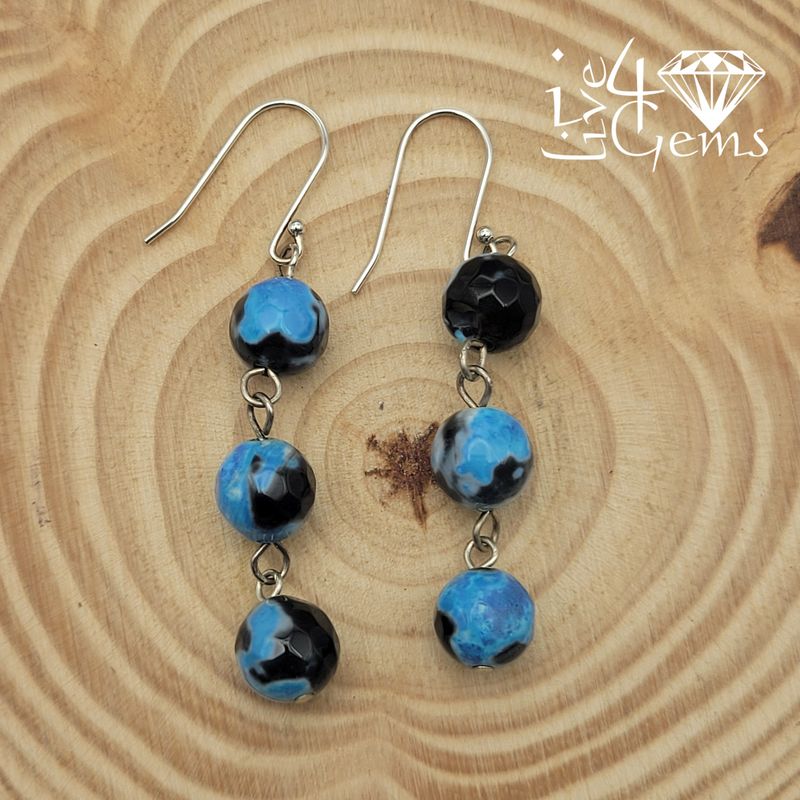 Faceted Black and Blue Agate Drop Down Gemstone Earrings