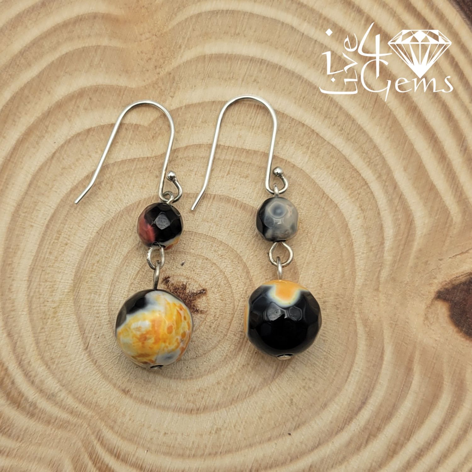 Faceted Black and Orange Agate Drop Down Gemstone Earrings