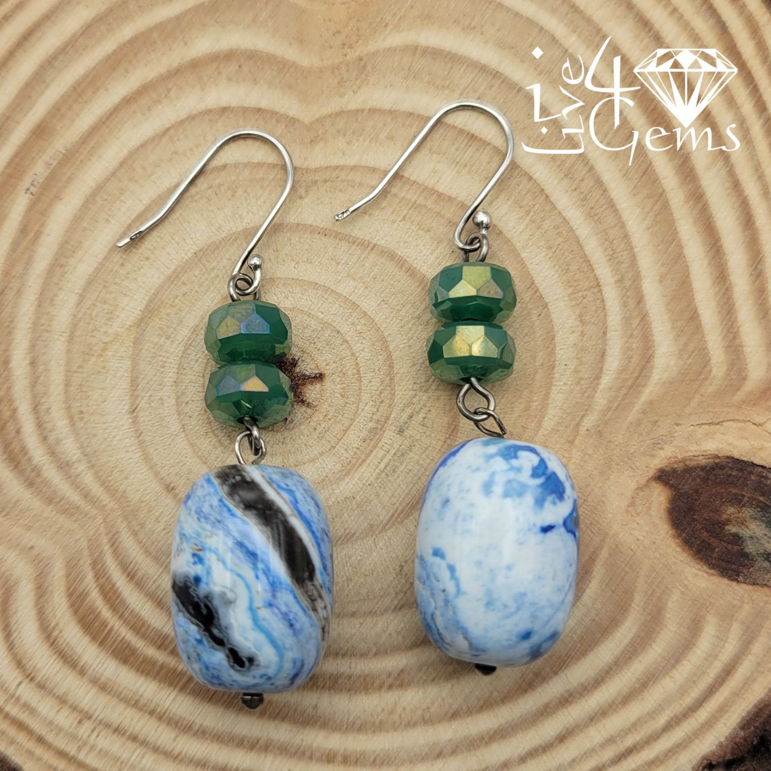 Gemstone Earring Blue Agate  Barrel Shape Green Crystals