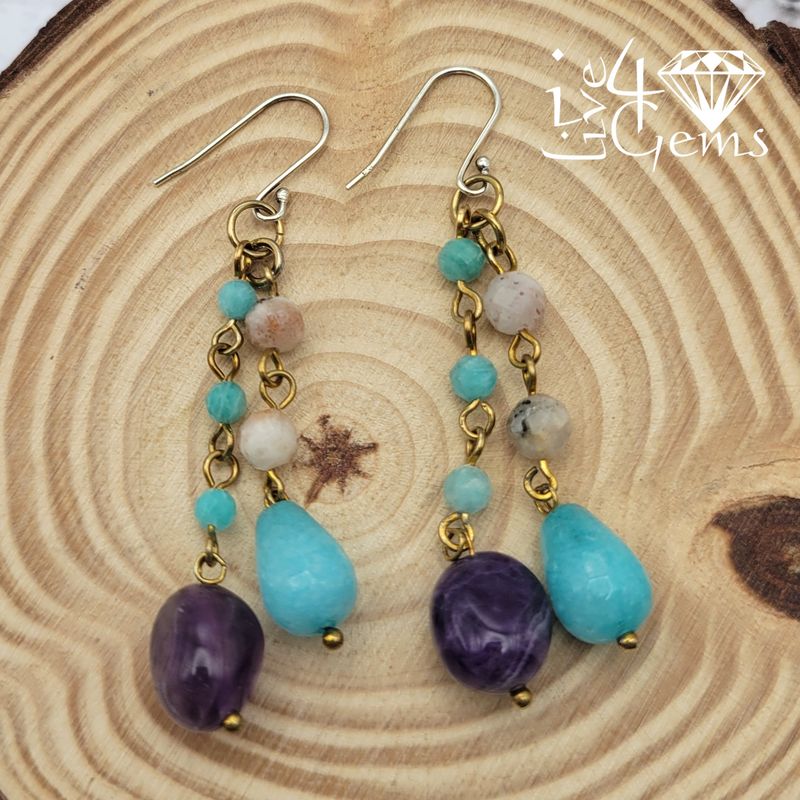 Gemstone Earring Amazonite,Strawberry Quartz, Amethyst