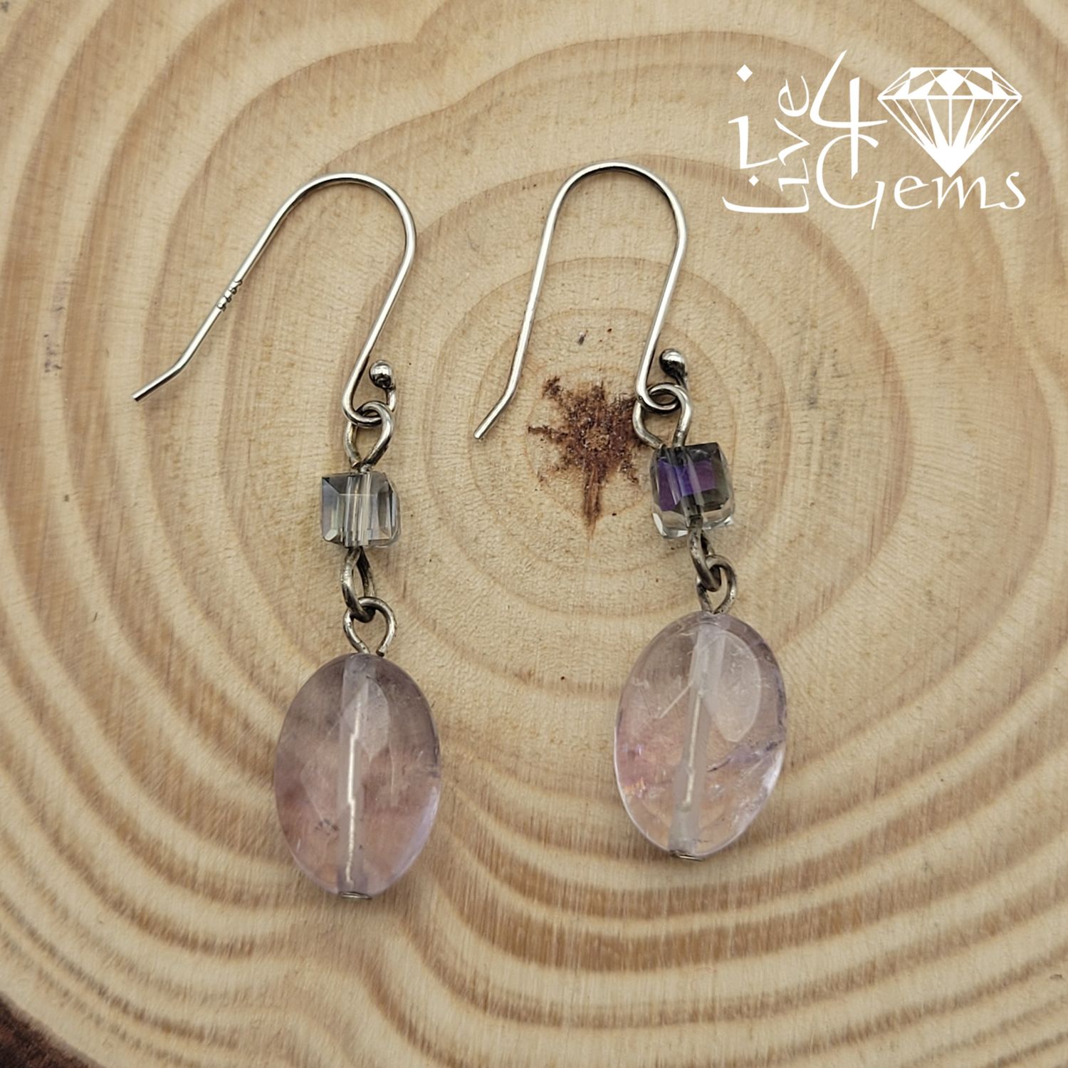 Genuine Amethyst and Crystal Cube Silver 2-Drop Earring