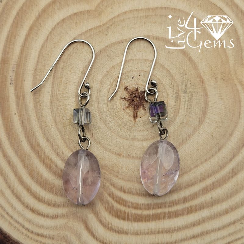 Genuine Amethyst and Crystal Cube Silver 2-Drop Earring