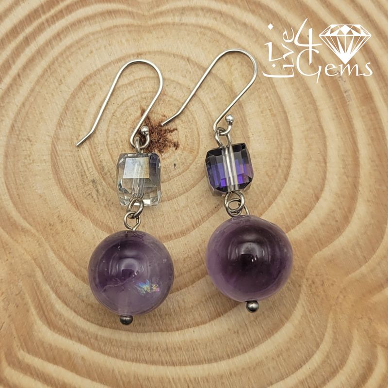 Genuine Beaded Amethyst &amp; Crystal Cube Drop Silver Earring