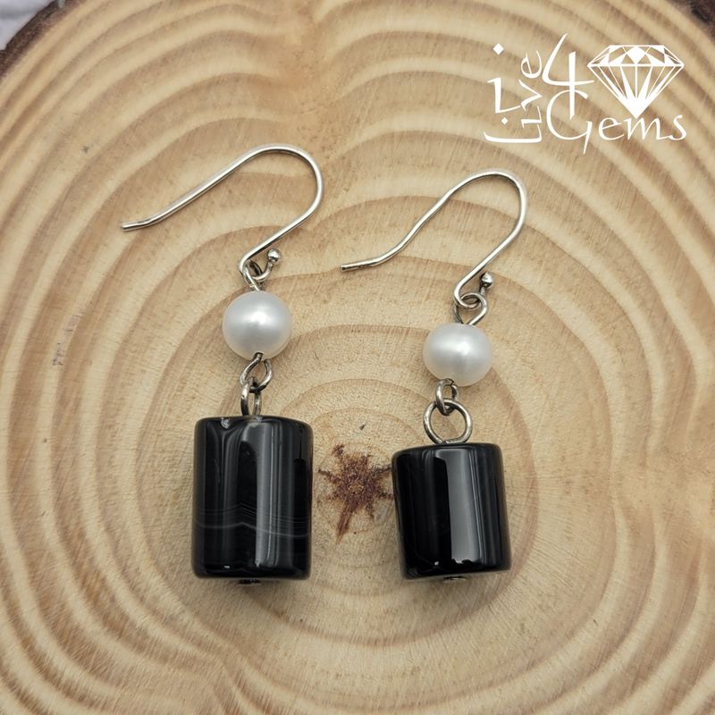 Genuine Black Agate Cultured Pearl Drop Down Silver Earrings