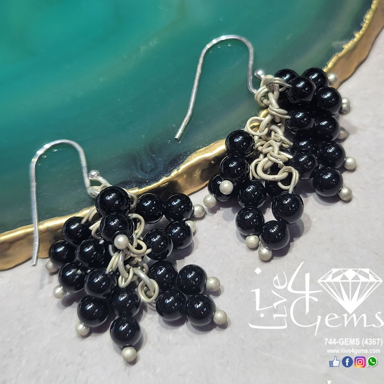 Genuine Cluster Hanging Silver Earring Black Onyx