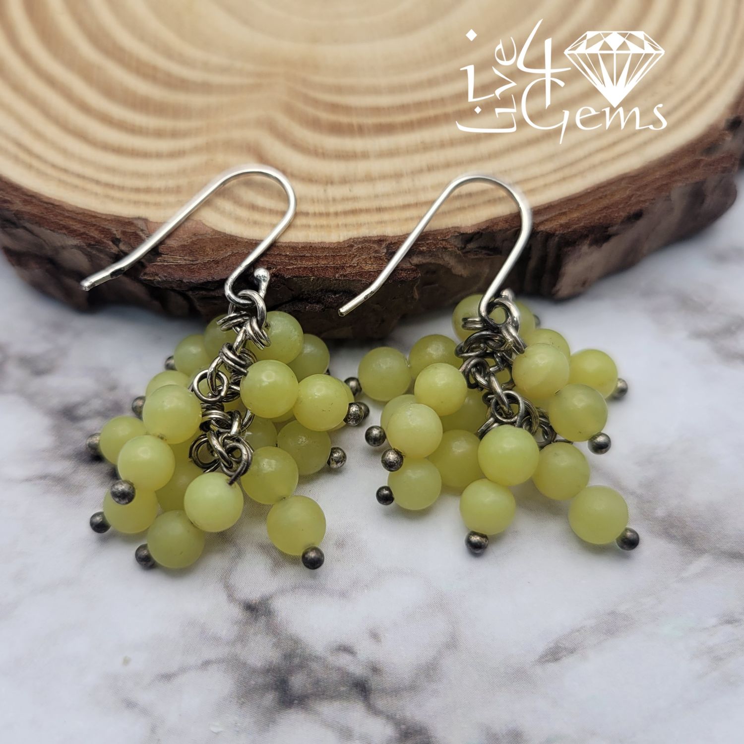 Genuine Cluster Hanging Silver Earring Lemon Jade