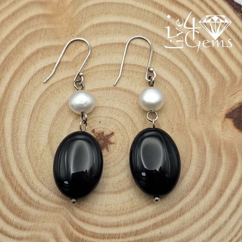 Genuine Oval Onyx Hanging Silver Earring