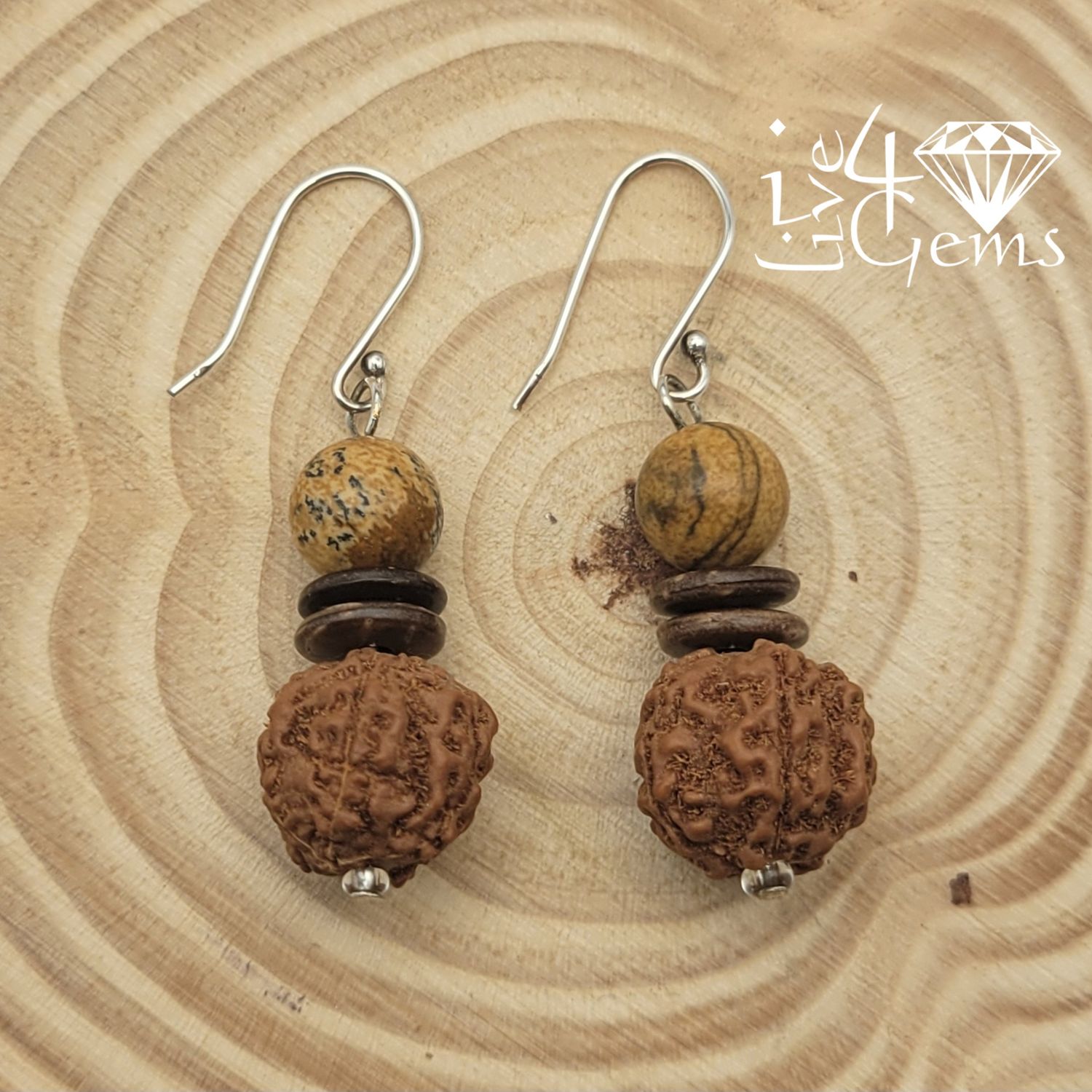 Rudraksha w Jasper Drop Down Gemstone Earrings