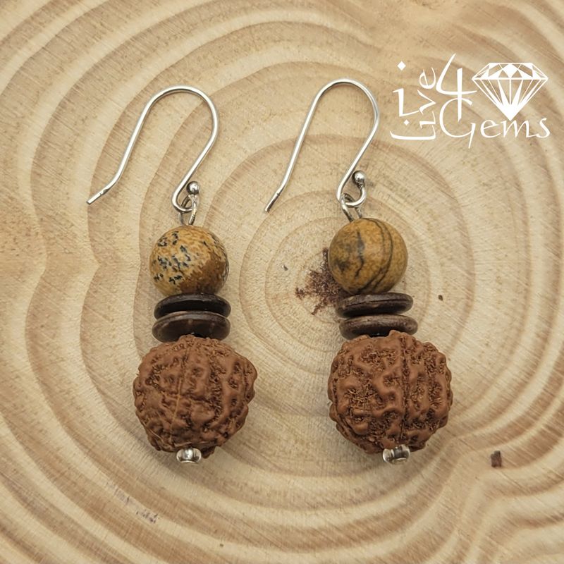 Rudraksha w Jasper Drop Down Gemstone Earrings