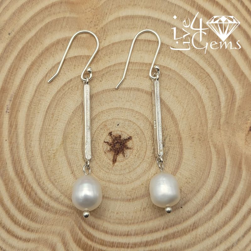 Silver Bar Linear Pearl Drop Gemstone Earring