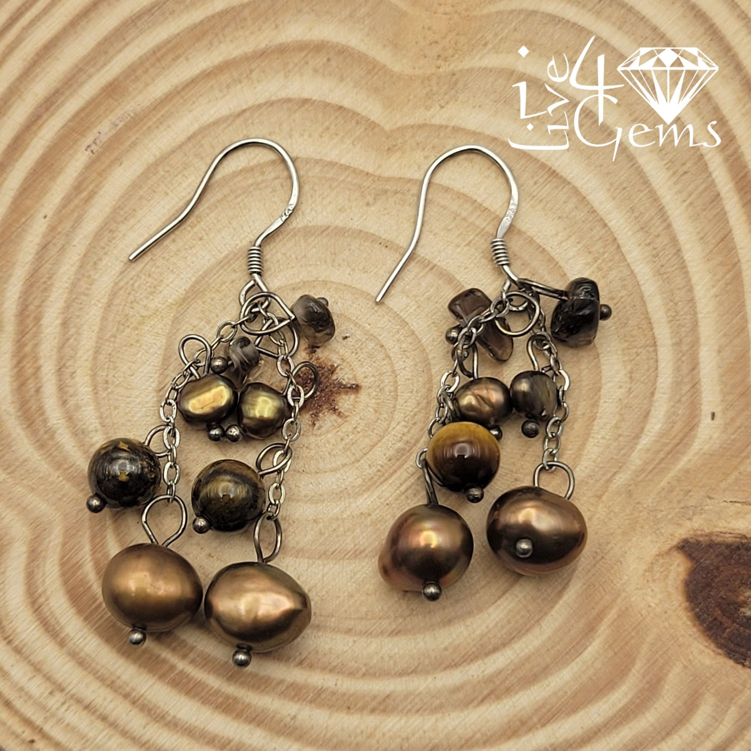Silver Brown Pearl w Tiger&#39;s Eye Hanging Earring
