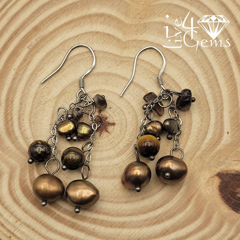 Silver Brown Pearl w Tiger&#39;s Eye Hanging Earring