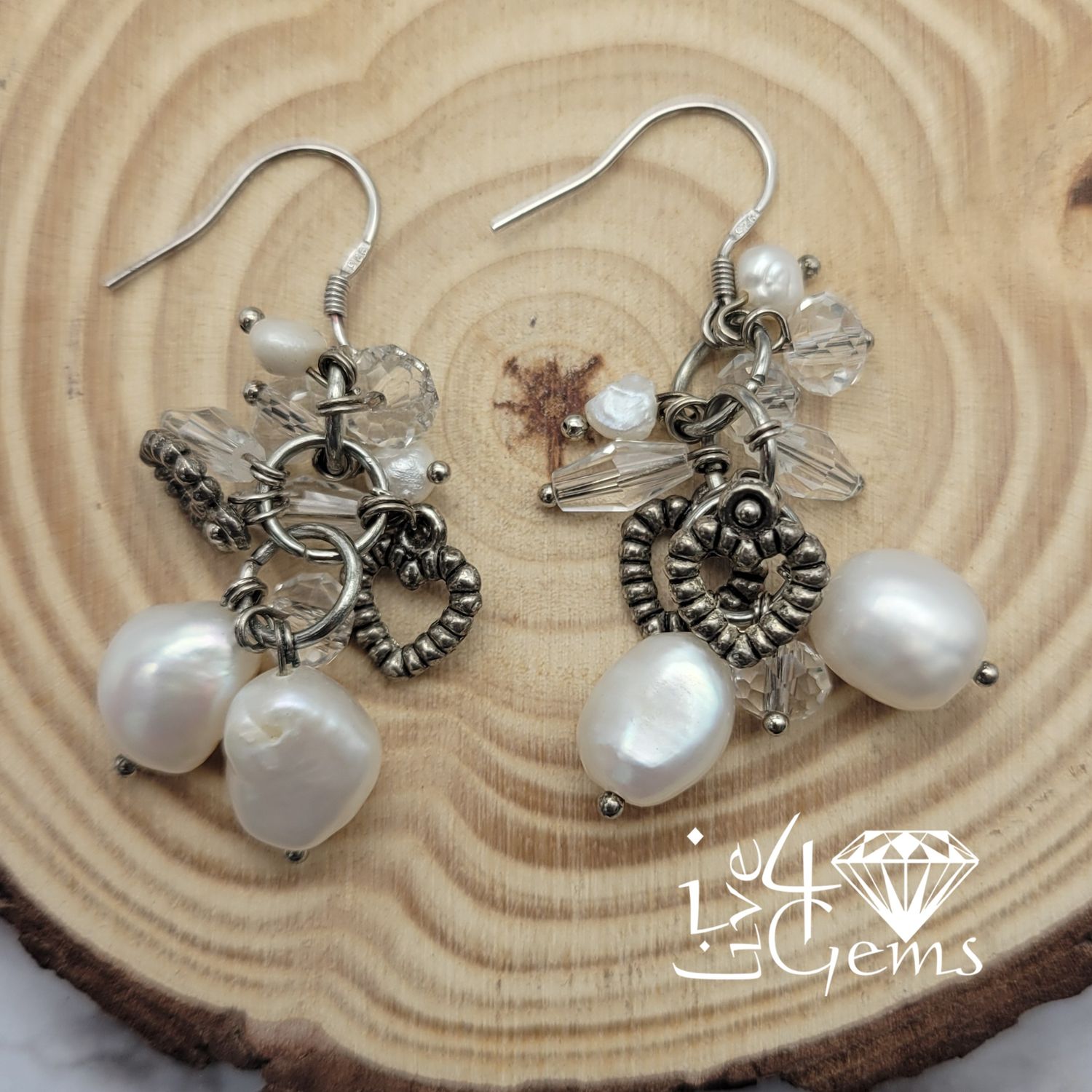 Silver Hearts White Pearl w White Crystal Hanging Earring
