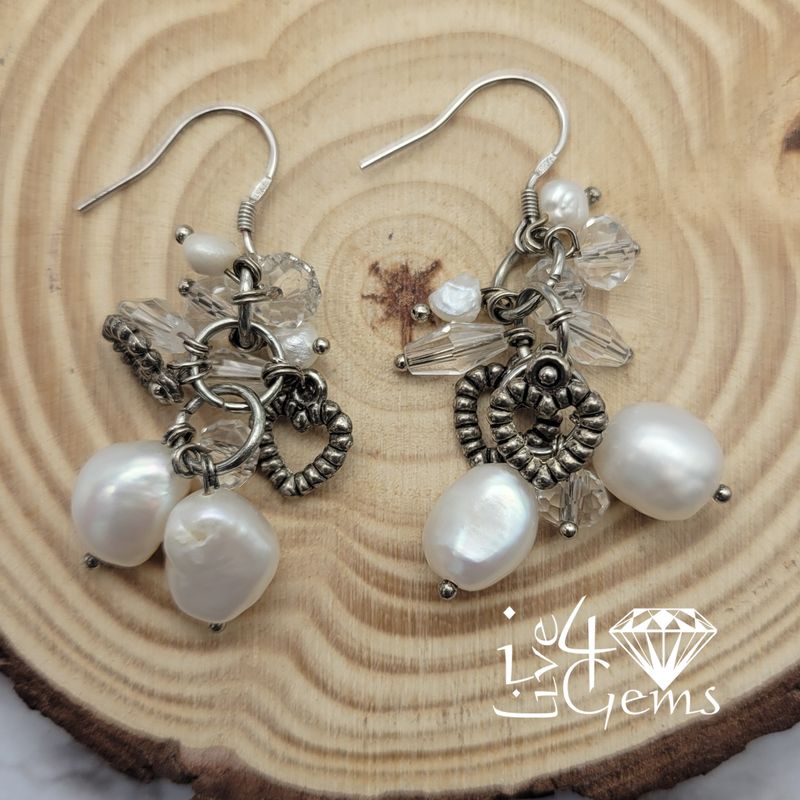 Silver Hearts White Pearl w White Crystal Hanging Earring