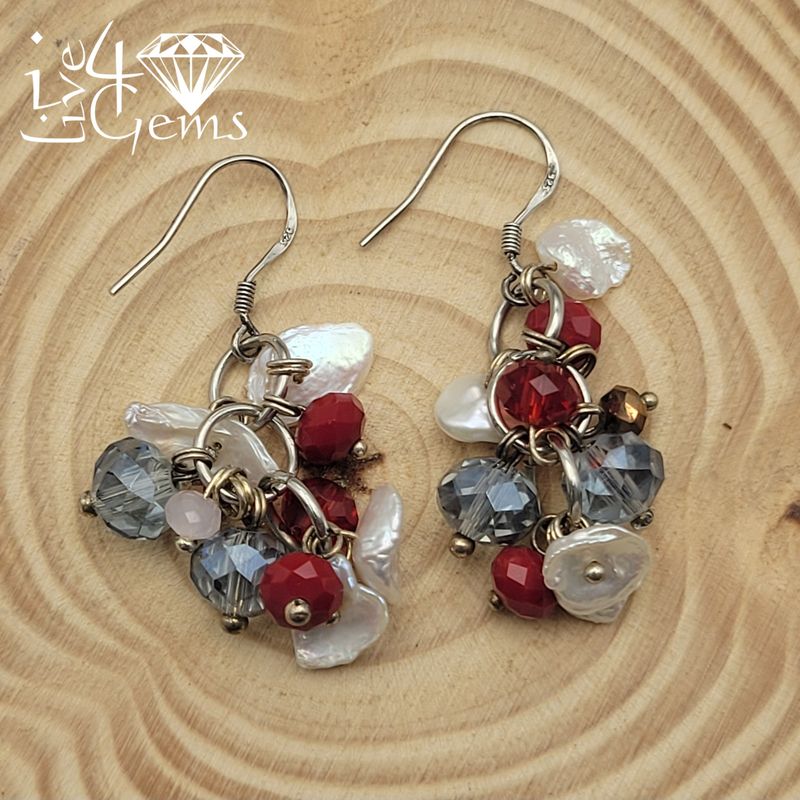 Silver Keshi Pearl w  Red/Blue Crystal Hanging Earring