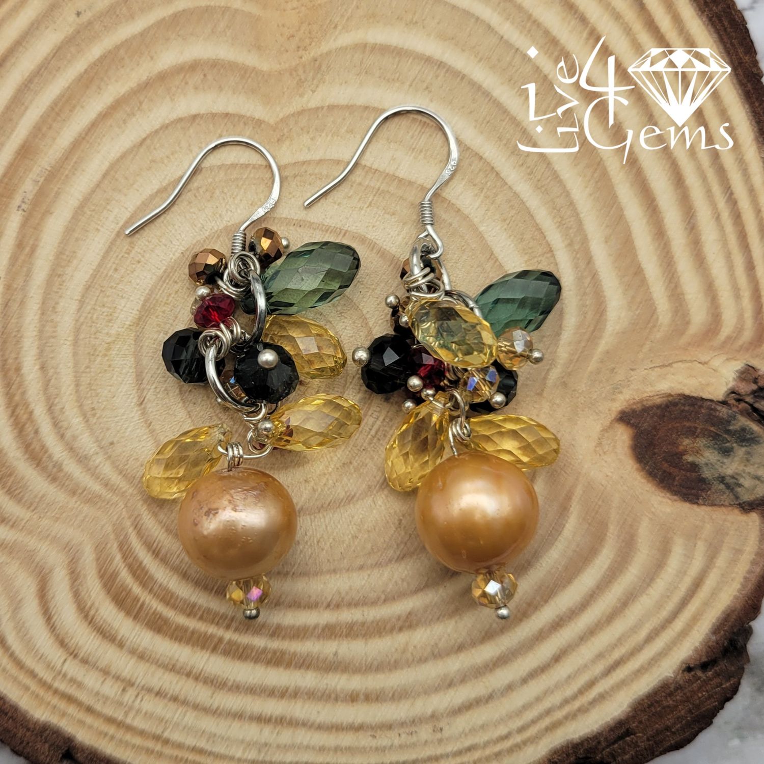 Silver Peach Pearl Green/Yellow Crystal Hanging Earring