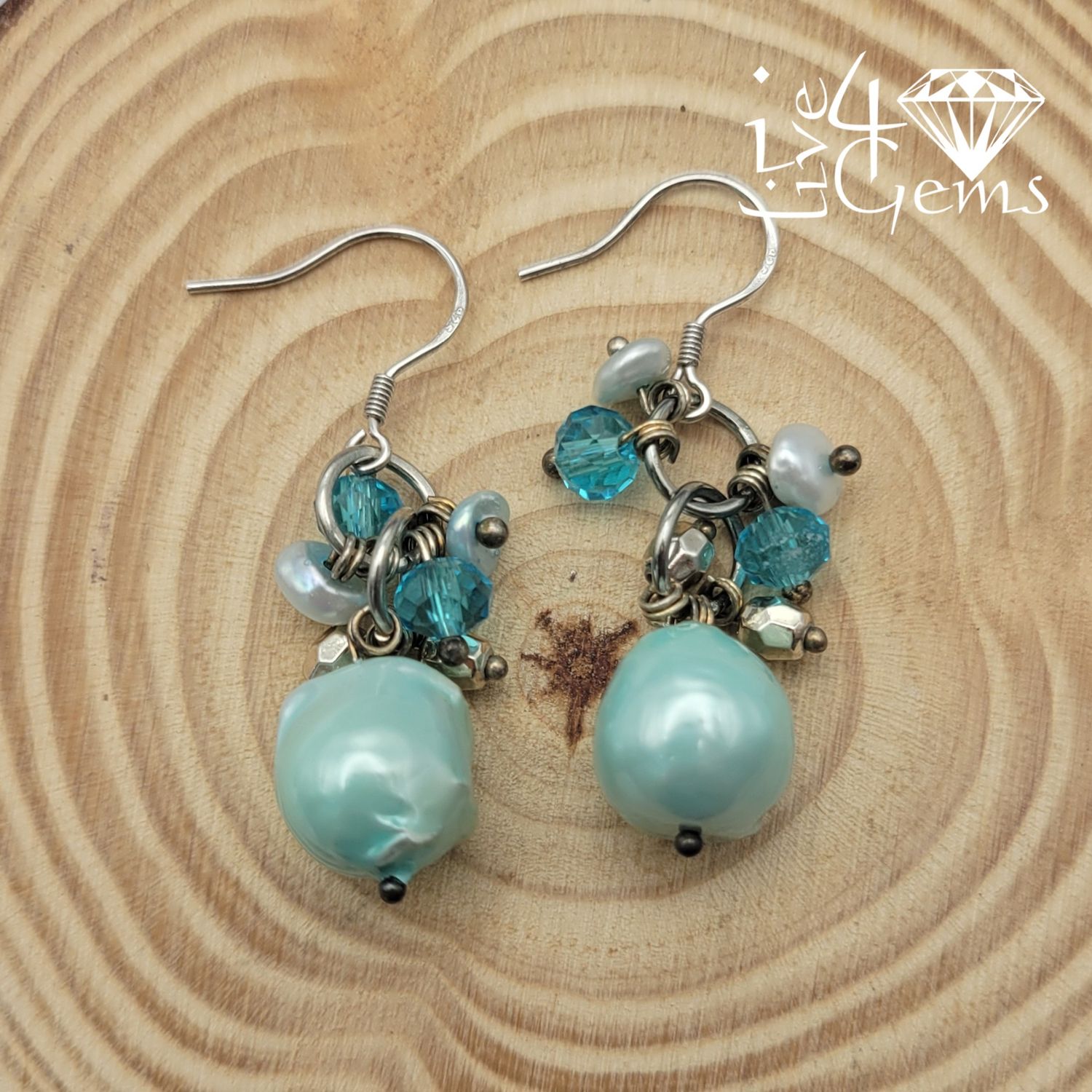 Silver Pearl Baroque Blue Crystal Hanging Earring