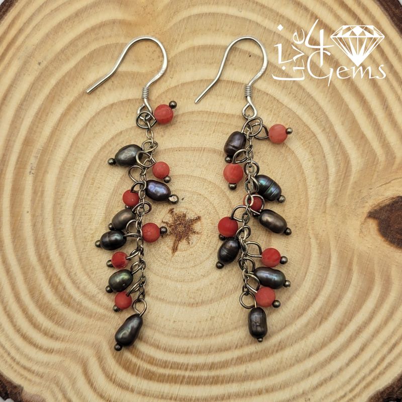 Silver Pearl Peacock Red Coral Hanging Earring