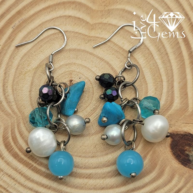 Silver Pearl Turquoise w Agate Hanging Earring