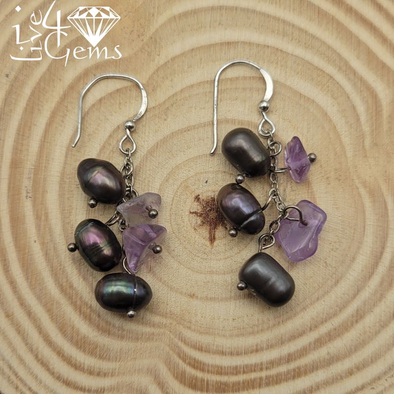 Silver Pearl Peacock w Amethyst Hanging Earring