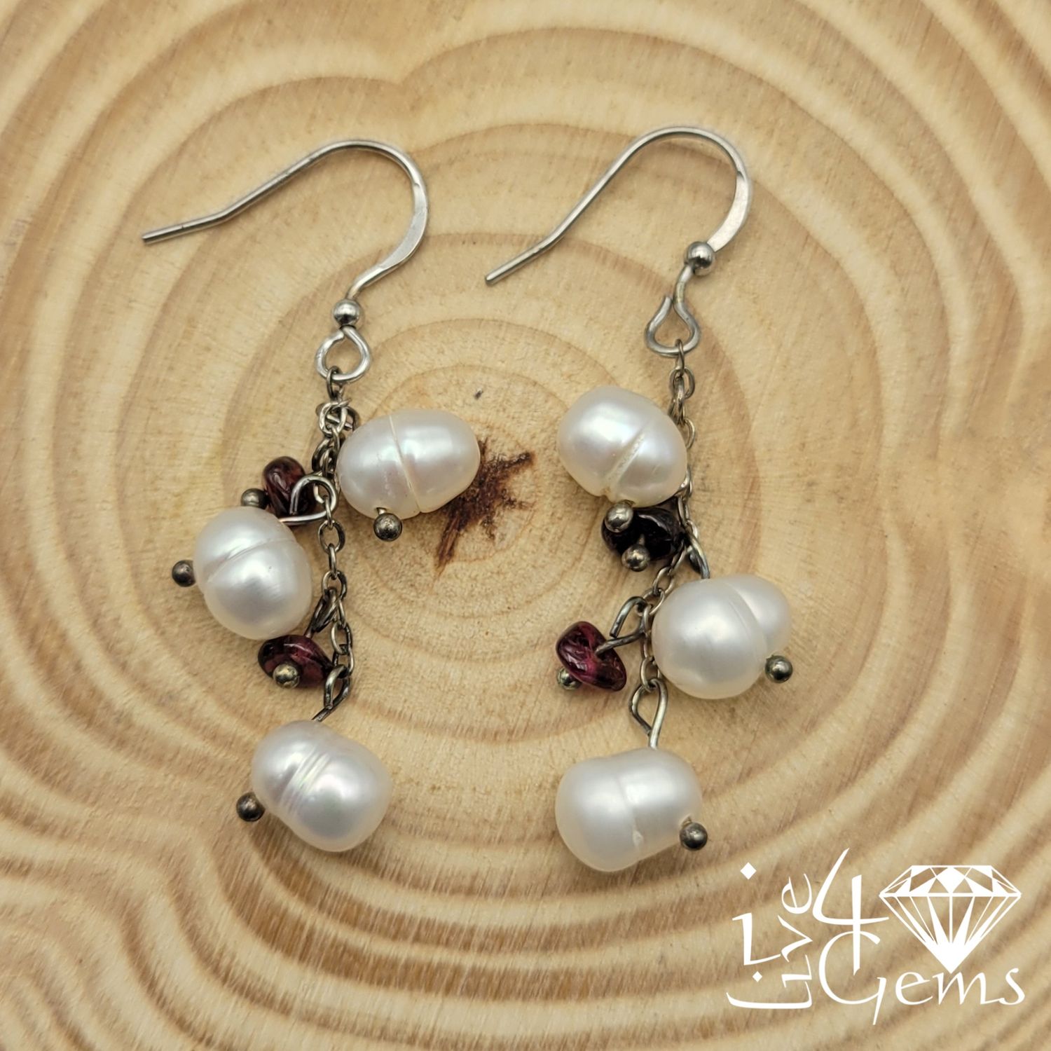 Silver Pearl w Garnet Hanging Earring