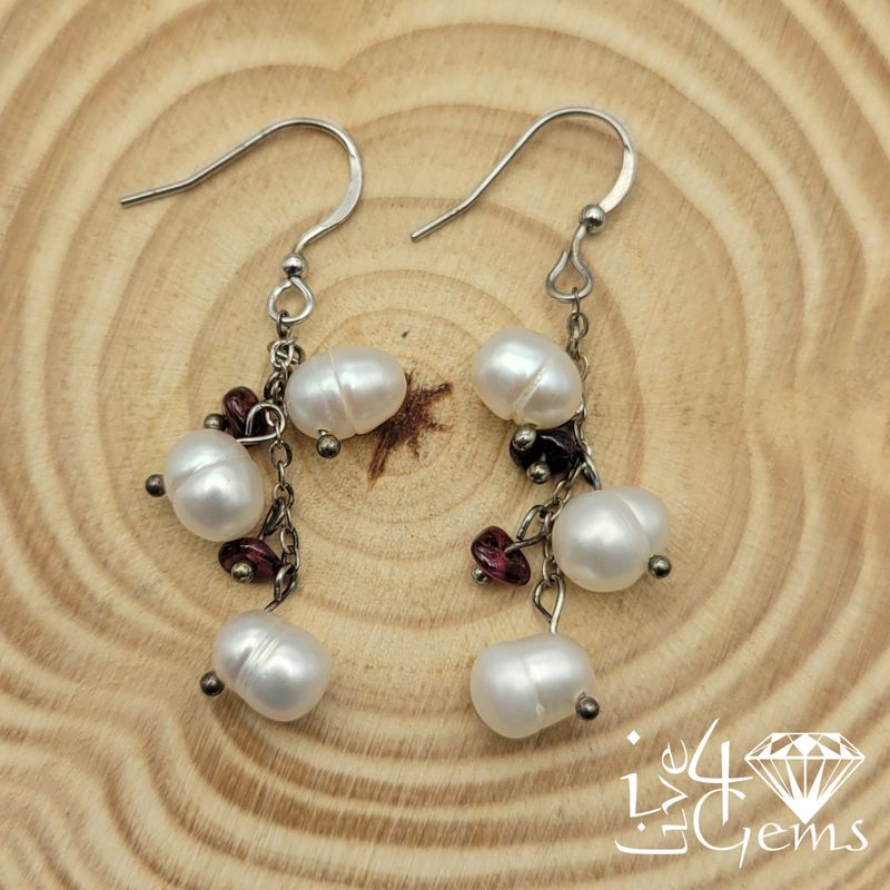 Silver Pearl w Garnet Hanging Earring