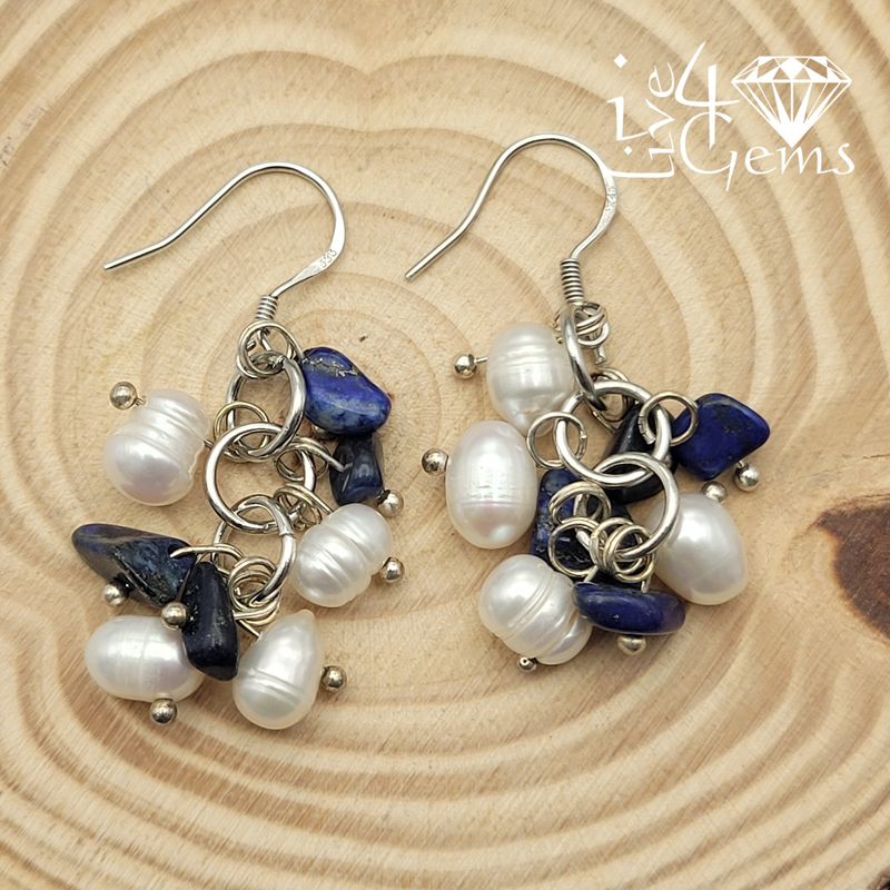 Silver Pearl w Lapis Lazuli Clusters Hanging Earring